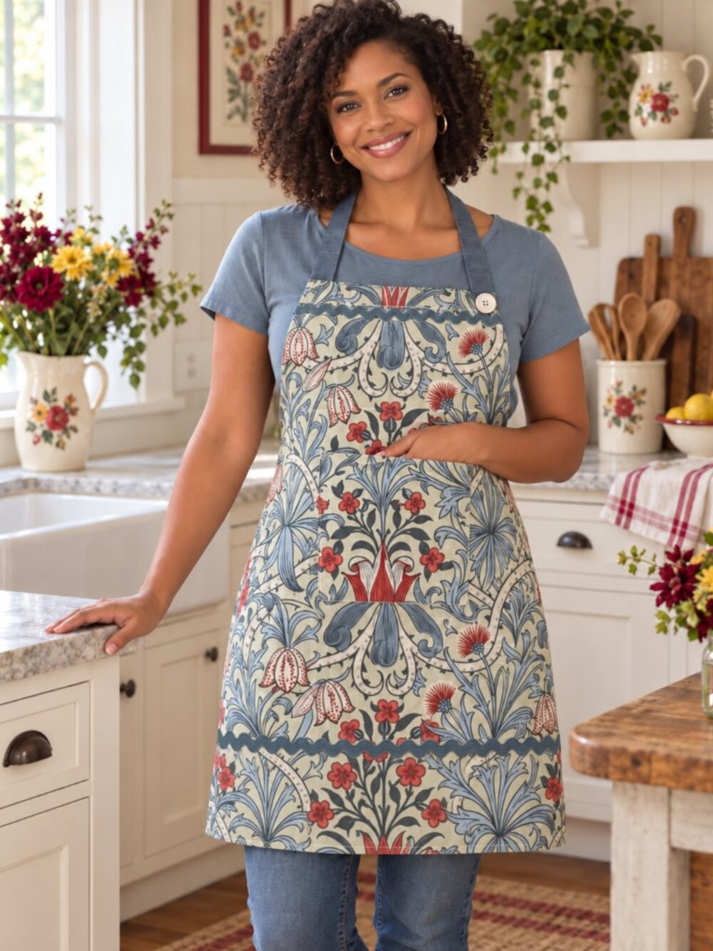 William Morris Woodland Weeds Kitchen Bib Apron Cotton Multicolor Rickrack Trim
